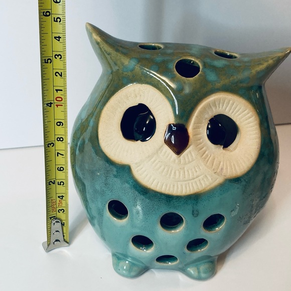 Cute Glazed Ceramic Owl 6” Tall Tea Light Votive Candle Holder Green Turquoise - Picture 5 of 6